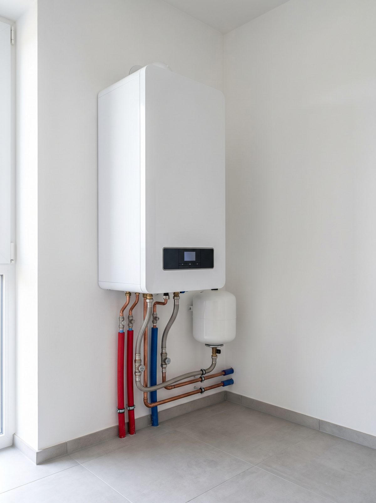 Moderne wandhängende Gas-Brennwerttherme mit sauber verlegten Anschlussleitungen im Hauswirtschaftsraum